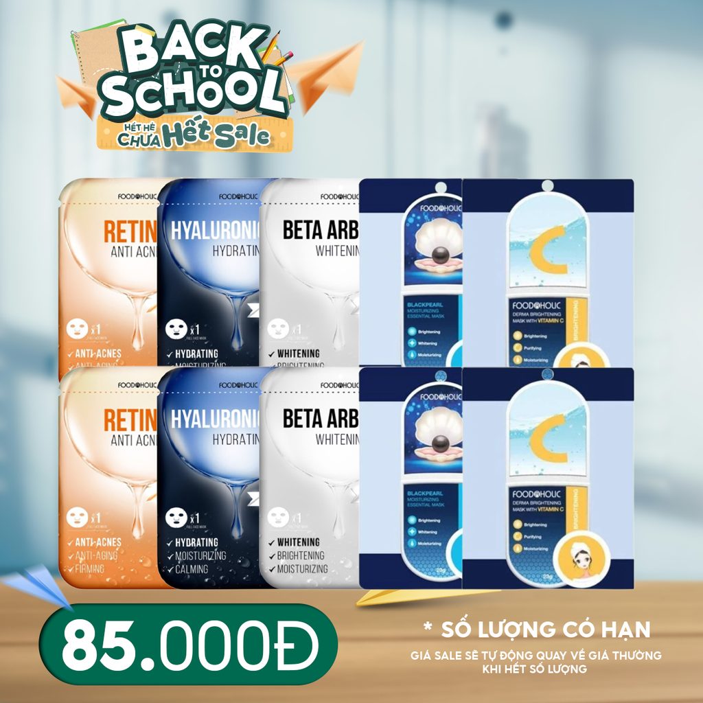 Combo Mặt Nạ Foodaholic 10 Miếng Chăm Sóc Da: Retinol (2 Miếng) + Hyaluronic Acid (2 Miếng) + Beta Arbutin (2 Miếng) + Blackpearl (2 Miếng) + Vitamin C (2 Miếng)