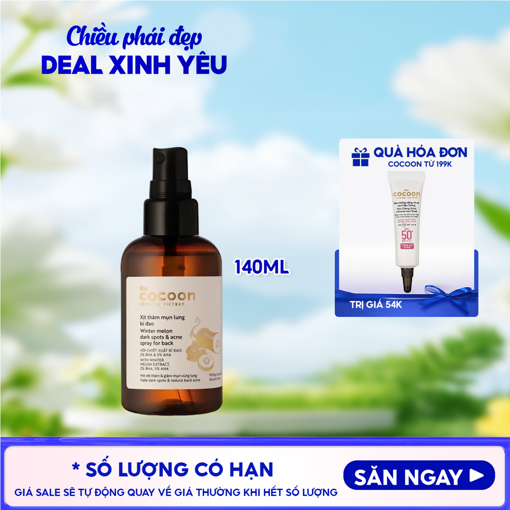 Xịt Giảm Thâm Mụn Lưng Cocoon Làm Dịu Da Chiết Xuất Bí Đao Winter Melon Dark Spots & Acne Spray For Back 140ml