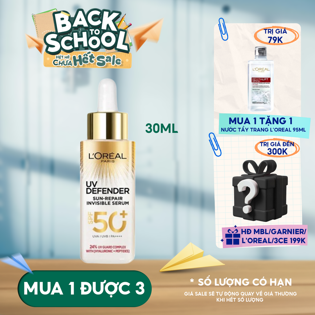 Serum Chống Nắng L'oreal Phổ Rộng, Mỏng Nhẹ, Hỗ Trợ Cải Thiện Da UV Defender Sun-Repair Invisible Serum SPF 50+ PA++++ 30ml