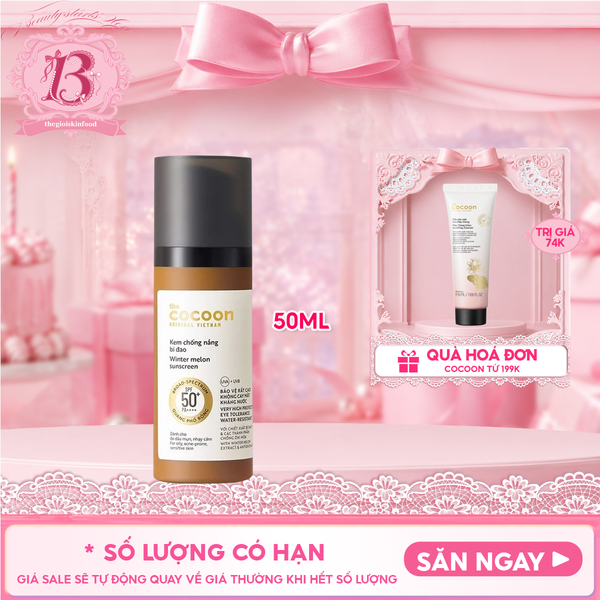  Kem Chống Nắng Cocoon Bí Đao Quang Phổ Rộng Dành Cho Da Dầu, Nhạy Cảm Winter Melon Sunscreen SPF50+ PA++++ 50ml 
