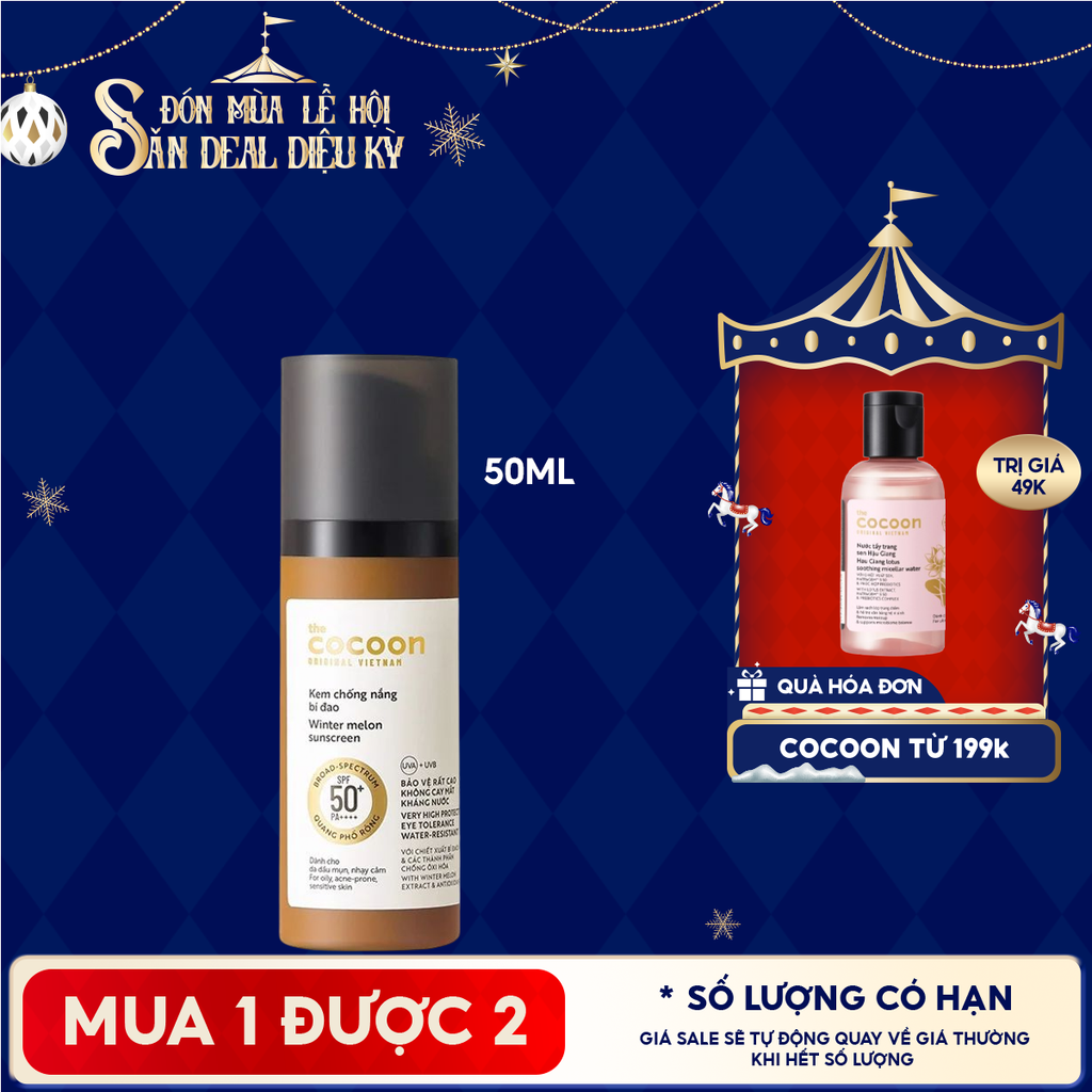 Kem Chống Nắng Cocoon Bí Đao Quang Phổ Rộng Dành Cho Da Dầu, Nhạy Cảm Winter Melon Sunscreen SPF50+ PA++++ 50ml