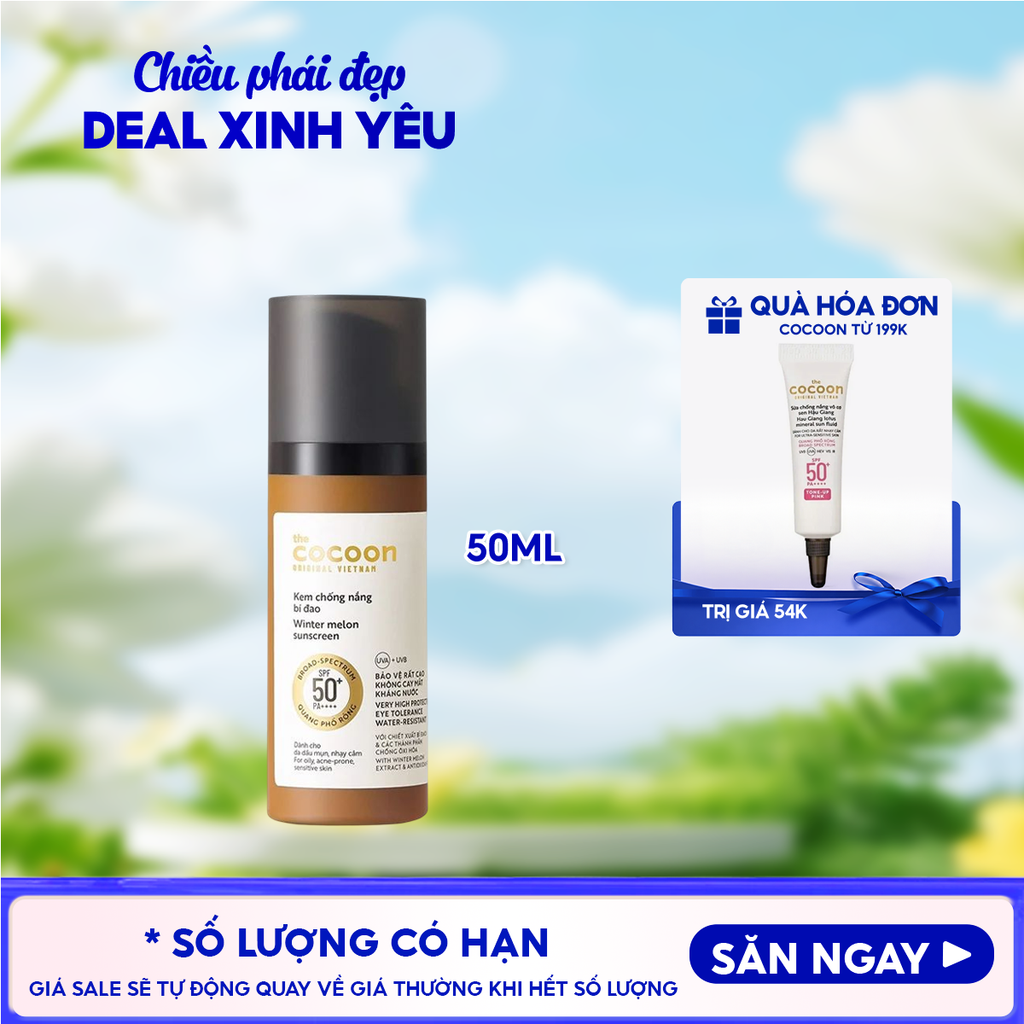 Kem Chống Nắng Cocoon Bí Đao Quang Phổ Rộng Dành Cho Da Dầu, Nhạy Cảm Winter Melon Sunscreen SPF50+ PA++++ 50ml
