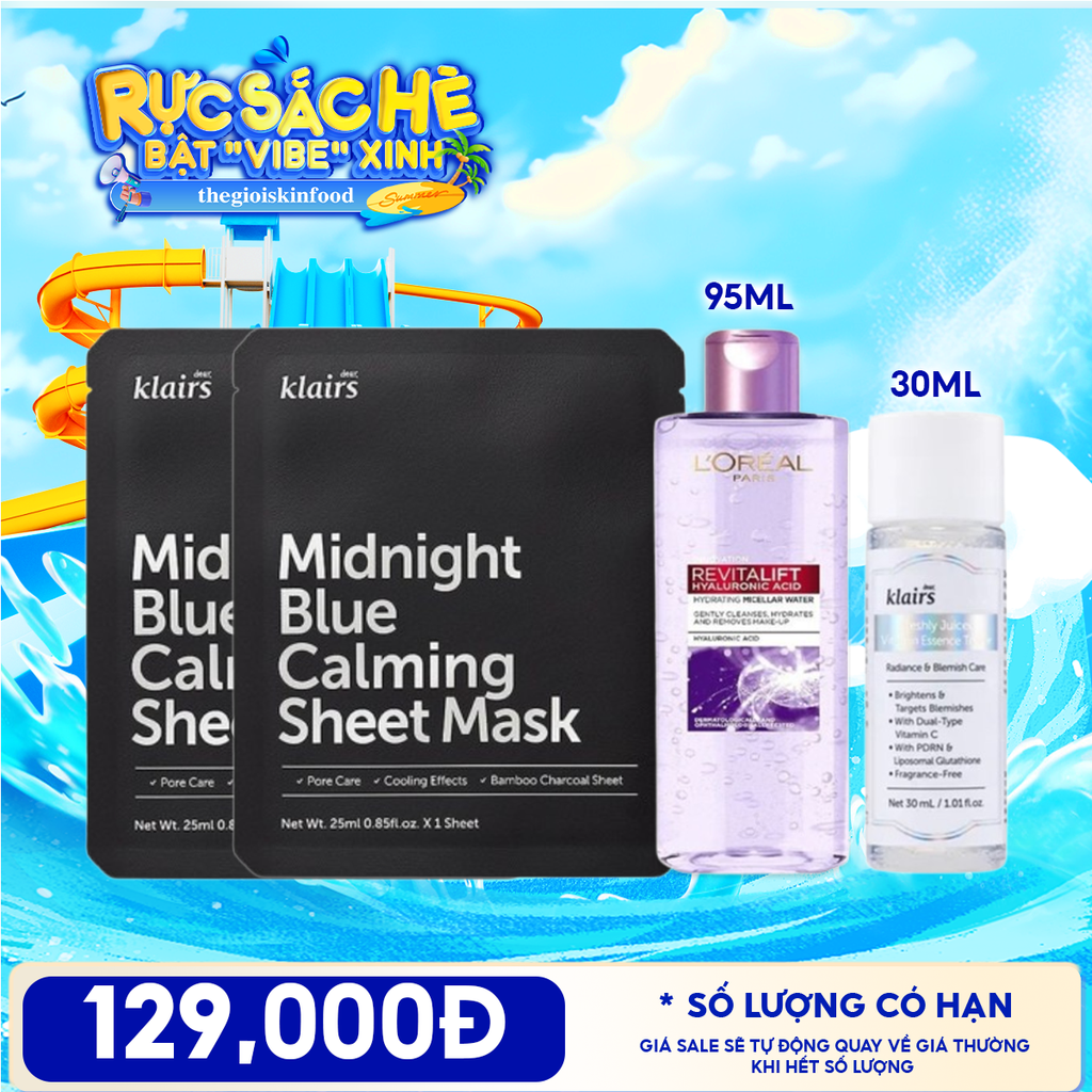 Combo Travel: Nước Tẩy Trang L'oreal Revitalift Hyaluronic Acid Hydrating Micellar Water 95ml + Mặt Nạ Klairs Midnight Mask 25ml + Nước Hoa Hồng Sáng Da Klairs Freshly Juiced Vitamin Essence Toner 30ml