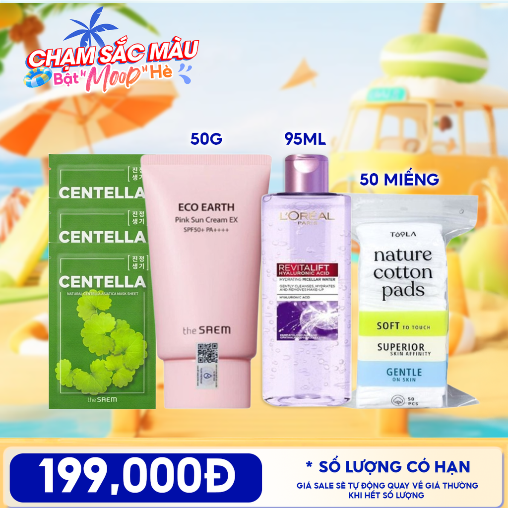 Combo Travel: Kem Chống Nắng The Saem  Pink Sun Cream EX + Mặt Nạ Giấy The Saem  Natural Mask + Nước Tẩy Trang L'oreal Revitalift Hyaluronic Acid Hydrating Micellar Water + Bông Tẩy Trang Mềm Mịn TOOLA