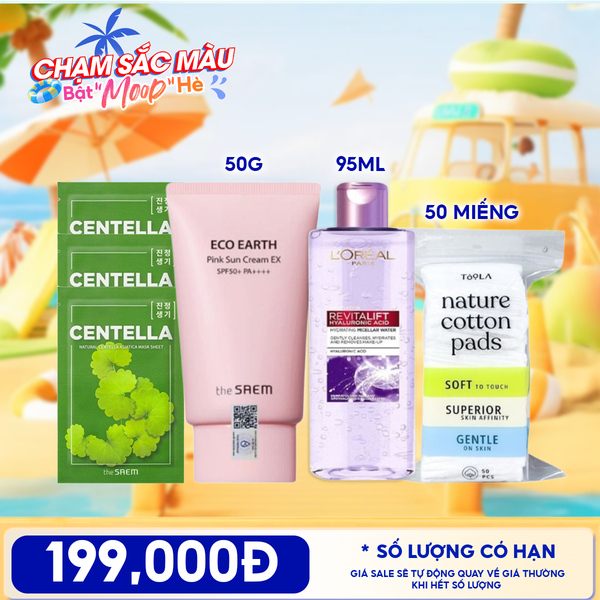  Combo Travel: Kem Chống Nắng The Saem  Pink Sun Cream EX + Mặt Nạ Giấy The Saem  Natural Mask + Nước Tẩy Trang L'oreal Revitalift Hyaluronic Acid Hydrating Micellar Water + Bông Tẩy Trang Mềm Mịn TOOLA 
