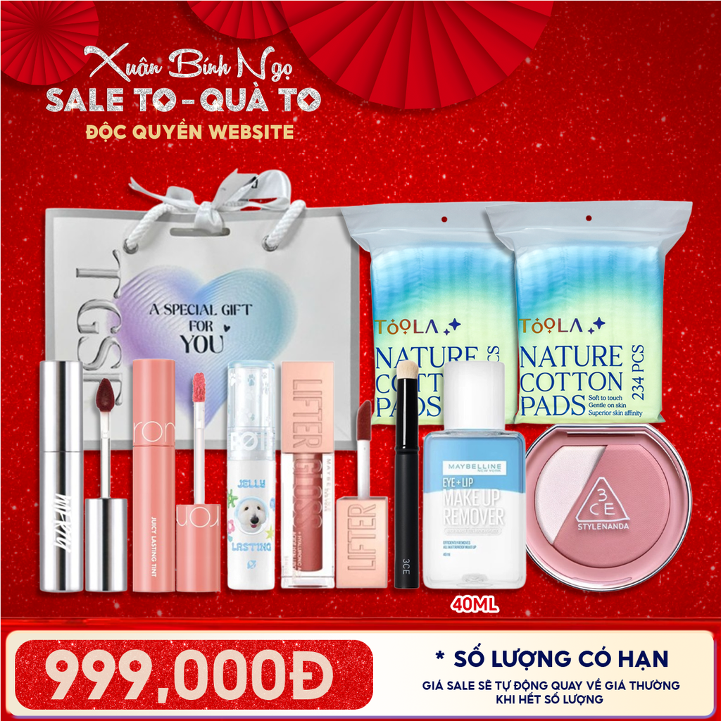Túi Quà Tặng 999K: 4 Son Fullsize + 1 Má Hồng 3CE + 2 Bông Tẩy Trang 234M + 1 Cọ + 1 Nước Tẩy Trang 40ml + Túi