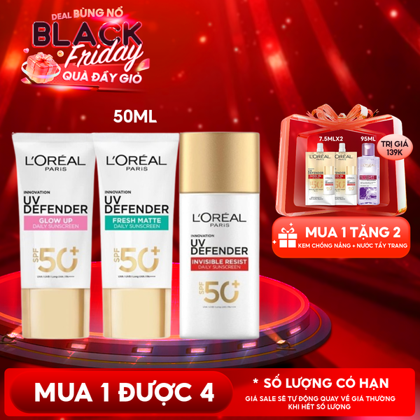  Kem Chống Nắng L'Oreal Mịn Nhẹ, Bảo Vệ Da, Ngăn Ngừa Lão Hóa UV Defender Serum Protector SPF 50+/PA++++ 