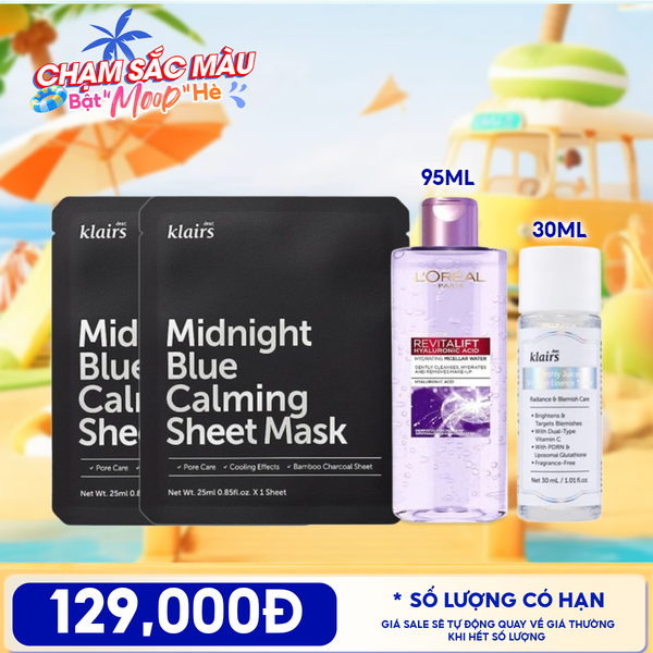  Combo Travel: Nước Tẩy Trang L'oreal Revitalift Hyaluronic Acid Hydrating Micellar Water 95ml + Mặt Nạ Klairs Midnight Mask 25ml + Nước Hoa Hồng Sáng Da Klairs Freshly Juiced Vitamin Essence Toner 30ml 