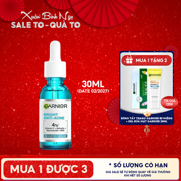  Serum Garnier Tinh Chất Dưỡng Sáng Da, Mờ Thâm Nám Skin Naturals Bright Complete Anti - Acne Booster Serum 
