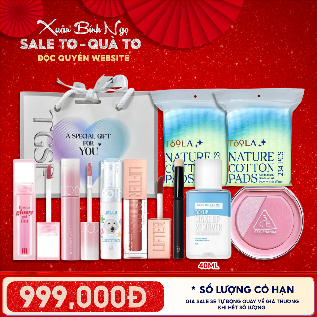 Túi Quà Tặng 999K: 4 Son Fullsize + 1 Má Hồng 3CE + 2 Bông Tẩy Trang 234M + 1 Cọ + 1 Nước Tẩy Trang 40ml + Túi