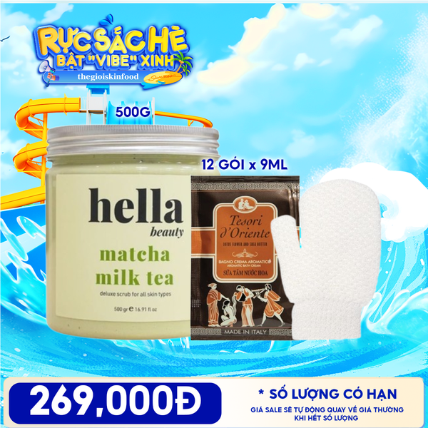  Combo Travel: Găng Tay Tắm Tẩy Tế Bào Chết LMLTOP Làm Sạch Da Bath Gloves + Tẩy Tế Bào Chết Body Hella Beauty Deluxe Scrub + Dây 12 Gói Sữa Tắm Tesori d'Oriente Aromatic Bath Cream 