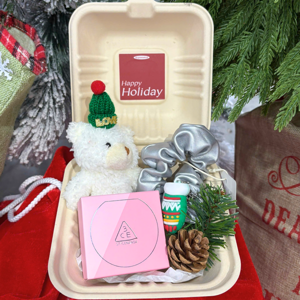  Hộp Quà Giáng Sinh: Má Hồng 3CE + Kẹp Tóc Ngẫu Nhiên + Set Quà Gấu + Hộp Bã Mía 