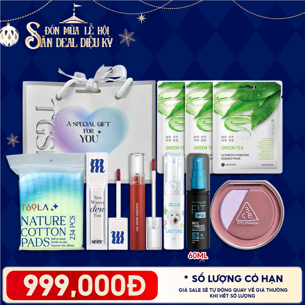 Túi Quà Giáng Sinh 999K: 3 Son Fullsize + 1 Má Hồng 3CE + 1 Xịt Khóa Nền Maybelline + 1 Bông Tẩy Trang 234M + 3 Mặt Nạ + Túi