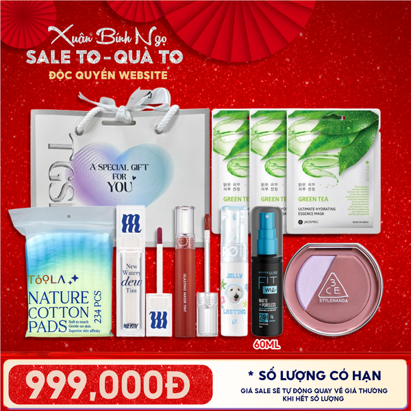  Túi Quà Tặng 999K: 3 Son Fullsize + 1 Má Hồng 3CE + 1 Xịt Khóa Nền Maybelline + 1 Bông Tẩy Trang 234M + 3 Mặt Nạ + Túi 