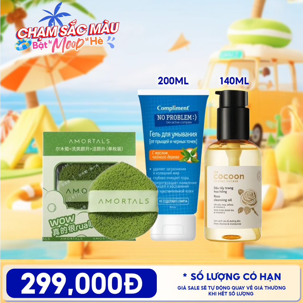 Combo Travel: Bông Rửa Mặt Amortals Bọt Biển Wash To Smile Face-washing Puff + Sữa Rửa Mặt Compliment Gel No Problem 200ml + Dầu Tẩy Trang Cocoon Rose Cleansing Oil