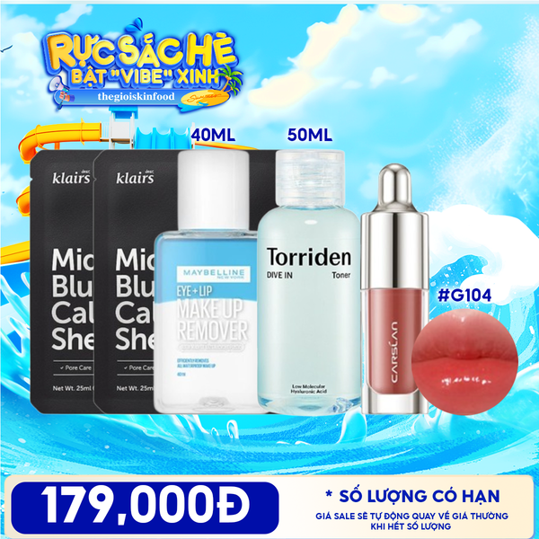  Combo Travel: Son Tint Bóng Mini Carslan Lip Glow Serum + Nước Tẩy Trang Mắt Môi Maybelline Eye & Lip Makeup Remover + Nước Hoa Hồng Cấp Ẩm Phục Hồi Da Torriden Hyaluronic Acid Toner 50ML + Mặt Nạ Làm Dịu Phục Hồi Da Giảm Kích Ứng Klairs Midnight Mask 