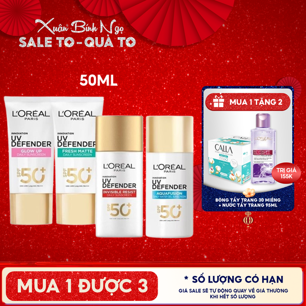  Kem Chống Nắng L'Oreal Mịn Nhẹ, Bảo Vệ Da, Ngăn Ngừa Lão Hóa UV Defender SPF 50+/PA++++ 50ml 