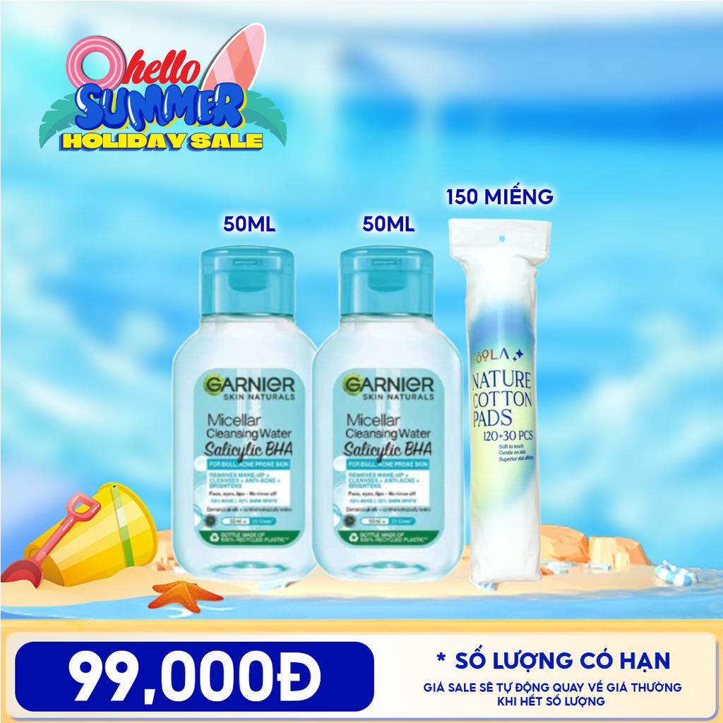 Combo Travelsize: Nước Tẩy Trang Garnier Làm Sạch Sâu Micellar Cleansing Water 50ml + Bông Tẩy Trang Mềm Mịn TOOLA