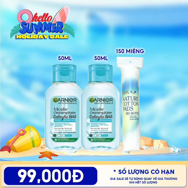  Combo Travelsize: Nước Tẩy Trang Garnier Làm Sạch Sâu Micellar Cleansing Water 50ml + Bông Tẩy Trang Mềm Mịn TOOLA 