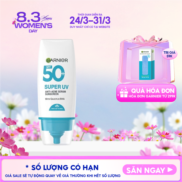  Kem Chống Nắng Phổ Rộng Garnier Kiềm Dầu, Hỗ Trợ Giảm Mụn Super Uv Anti-Acne Serum Sunscreen SPF50+ PA++++ 30ml 