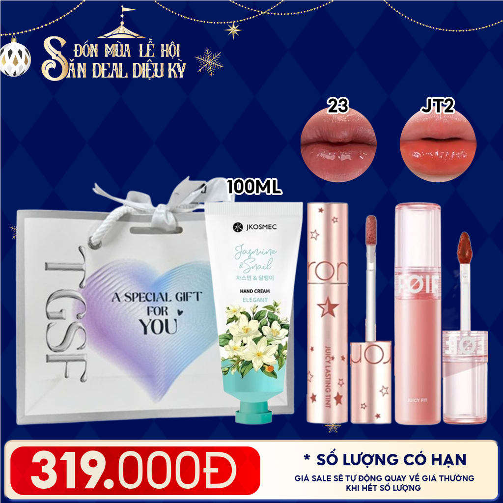 Combo Quà Tặng: Son Tint Lì/ Son Tint Nước Romand + Son Tint Bóng FOIF Juicy Fit Tint + Kem Dưỡng Tay Jkosmec + Túi Quà