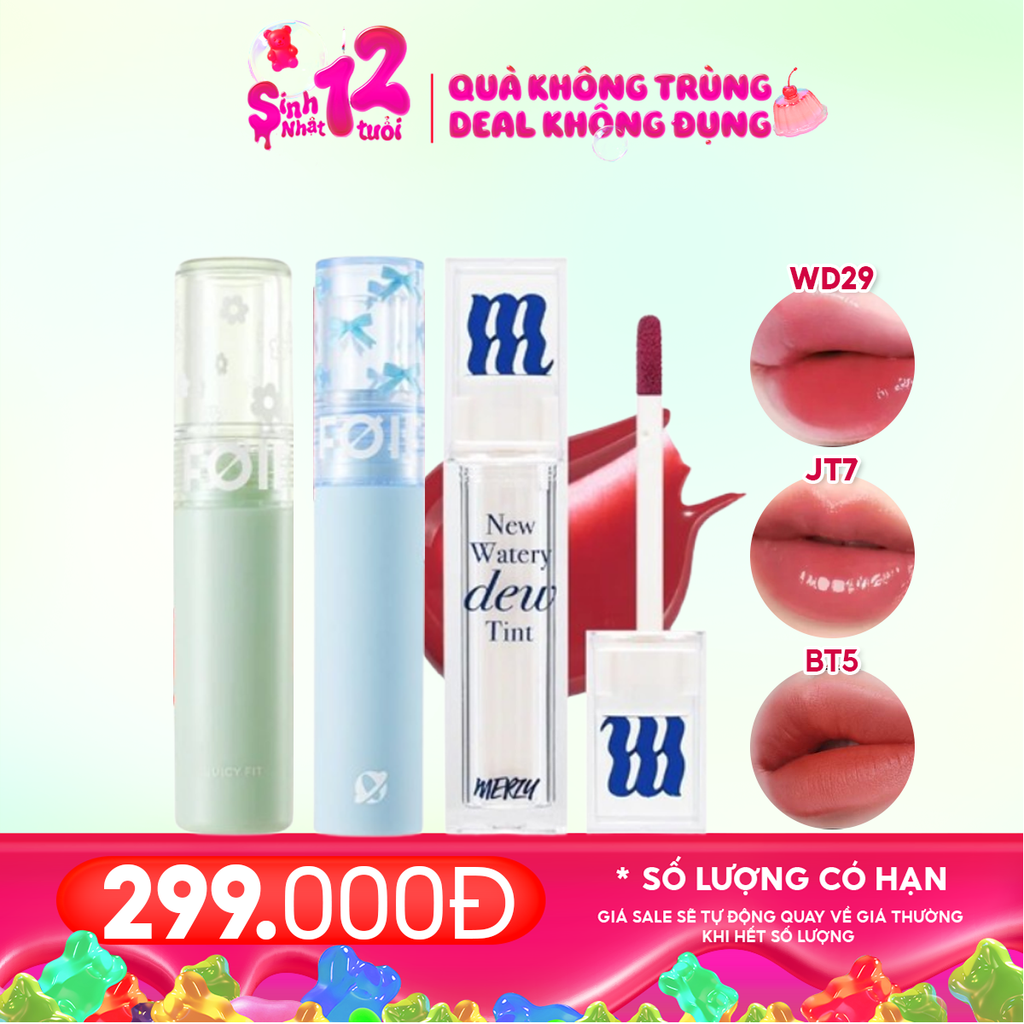 Combo 3 Son: Son Tint Bóng Merzy New Watery Dew Tint #WD29 + Son Tint Bóng FOIF Juicy Fit Tint #JT07 + Son Kem Lì FOIF Daily Blur Tint #BT5