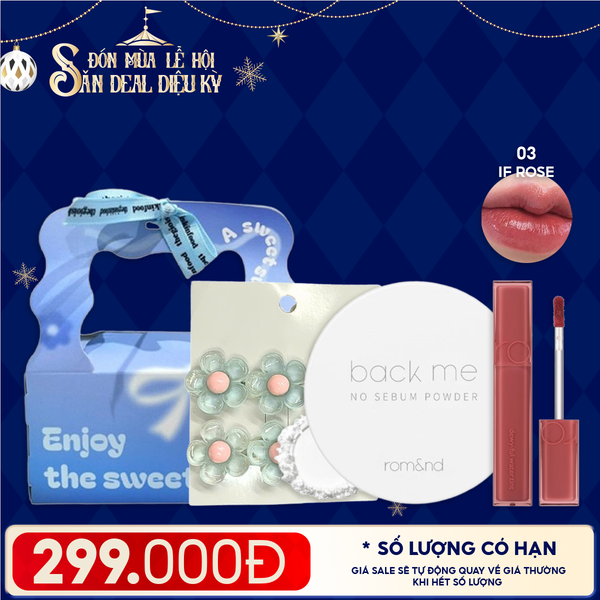  Combo Quà Tặng: Phấn Phủ Dạng Bột Romand Back Me No Sebum + Son Tint Bóng Romand Dewyful Water Tint  + Kẹp Tóc + Túi Quà 