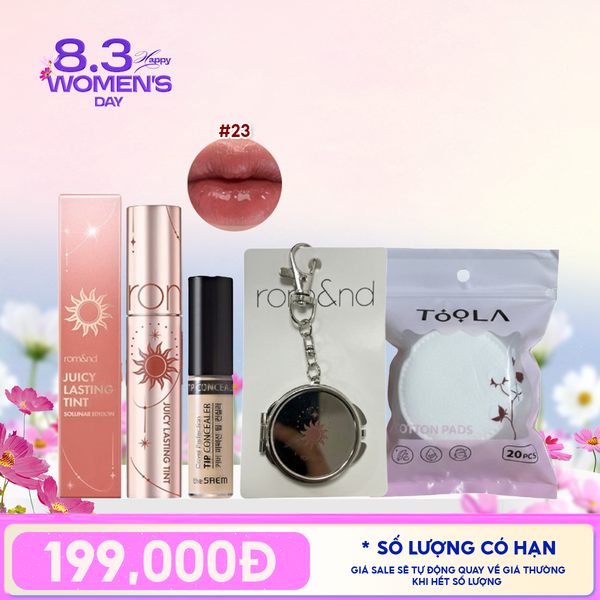  Combo Quà Tặng 8.3:  Son Tint Lì Romand Juicy Solunar Edition + Gương Móc Khóa Romand Solunar + Bông Tẩy Trang Tròn TOOLA x Romand +Kem Chống Nắng The Saem Clear Beige 
