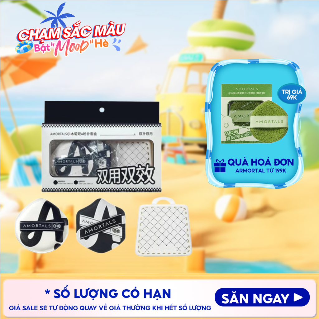 Set 2 Bông Mút Trang Điểm Amortals Căng Bóng, Che Phủ Tốt Dual-A Powder Puff Set (2 Bông Mút+ 1 Hộp Đựng)