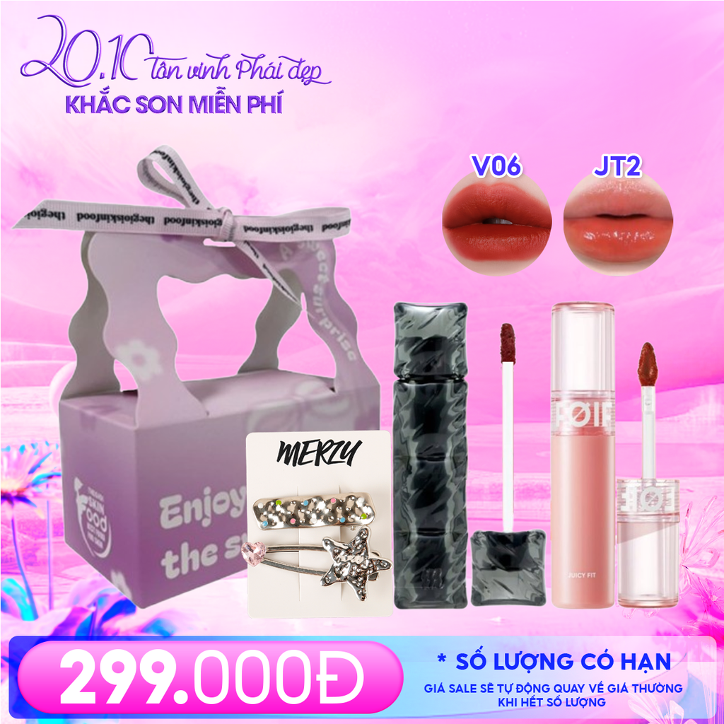 Combo Quà Tặng 20/10: Kẹp tóc Merzy + Son Kem Lì Merzy 3.7g #V6 + Son Tint Bóng FOIF 3g #JT2 + Túi Hộp Nhỏ #Hồng