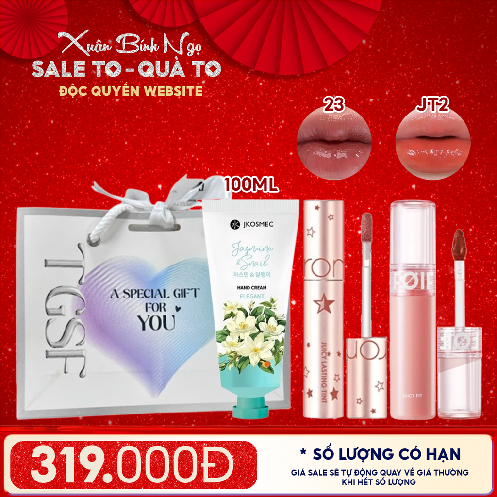 Combo Quà Tặng: Son Tint Lì/ Son Tint Nước Romand + Son Tint Bóng FOIF Juicy Fit Tint + Kem Dưỡng Tay Jkosmec + Túi Quà
