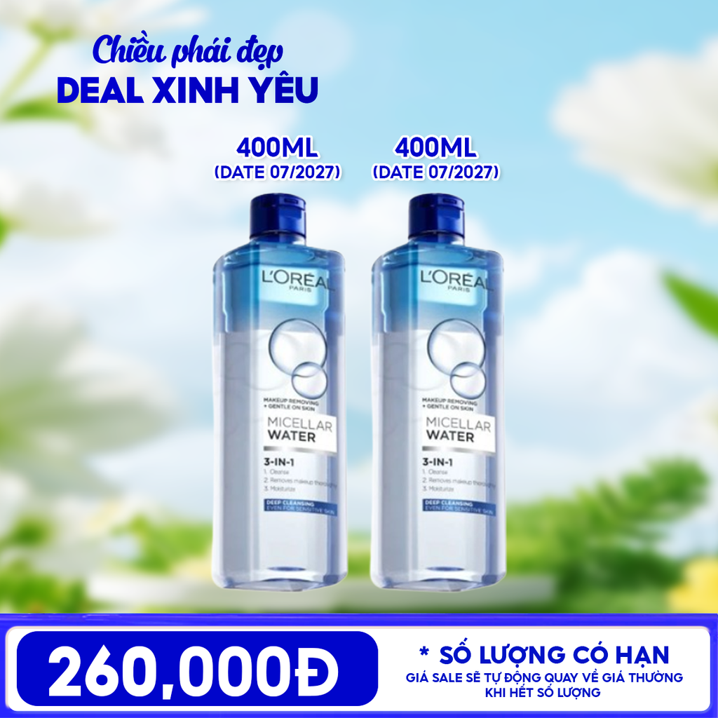 COMBO 2 Nước Tẩy Trang L'Oreal Làm Sạch Tươi Mát, Dưỡng Ẩm Cho Da 3-in-1 Micellar Water