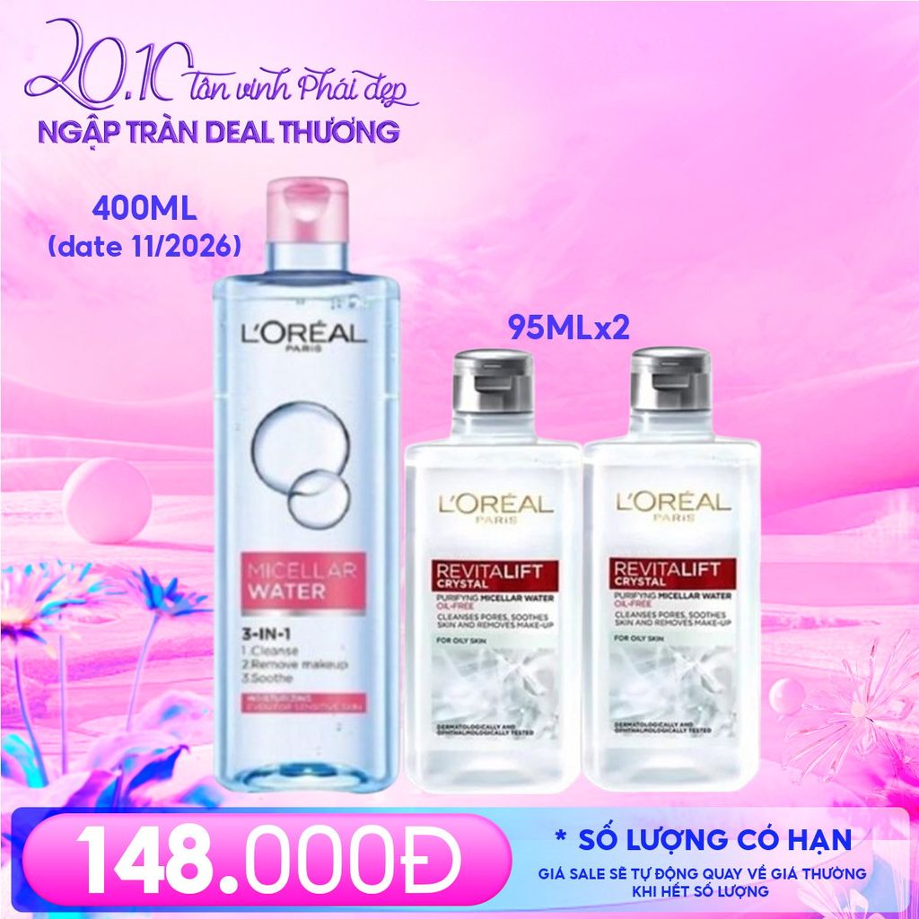 Combo L'oreal 3 Sản Phẩm: Nước Tẩy Trang Dưỡng Ẩm 400ml (date 11/2026) + Nước Tẩy Trang Cấp Ẩm 95ml ( 2 Chai)