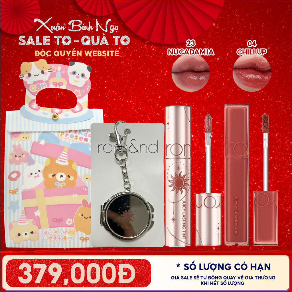Combo Romand: Son Tint Lì Juicy Solunar Edition + Gương Móc Khóa Romand Solunar + Son Kem Lì Blur Fudge Tint 04 Chili Up + Túi Quà
