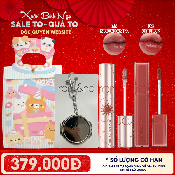  Combo Romand: Son Tint Lì Juicy Solunar Edition + Gương Móc Khóa Romand Solunar + Son Kem Lì Blur Fudge Tint 04 Chili Up + Túi Quà 