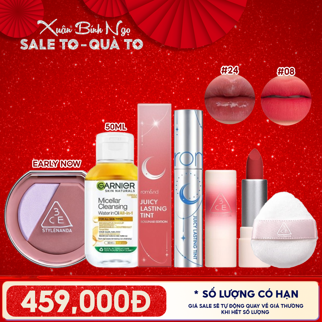 Combo Makeup: Phấn Má Hồng 3CE + Son Tint Lì Romand Solunar + Nước Tẩy Trang Mni Garnier 50ML + Son Thỏi Mini 3CE Cashmere Hug 08 Hush Red + Mút Trang Điểm 3CE