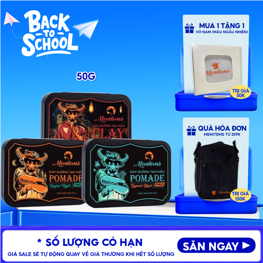 Sáp Dưỡng Tạo Kiểu Menitems Tự Nhiên, Giữ Nếp Lâu, Hương Thơm Nước Hoa Nam Tính Pomade Pro/Clay Gentle Blue 50g