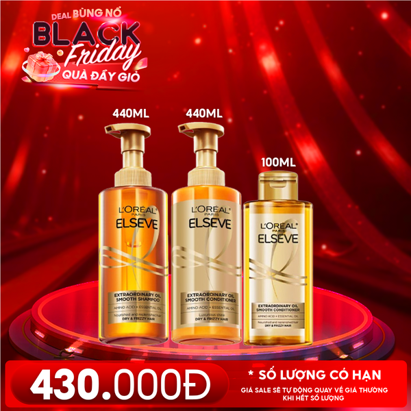  Combo 3 Sản Phẩm L'oreal: Dầu Xả Dưỡng Tóc Suôn Mượt 440ml + Dầu Gội Dưỡng Tóc Suôn Mượt 440ml + Dầu Xả Tinh Dầu Hoa 100ml 