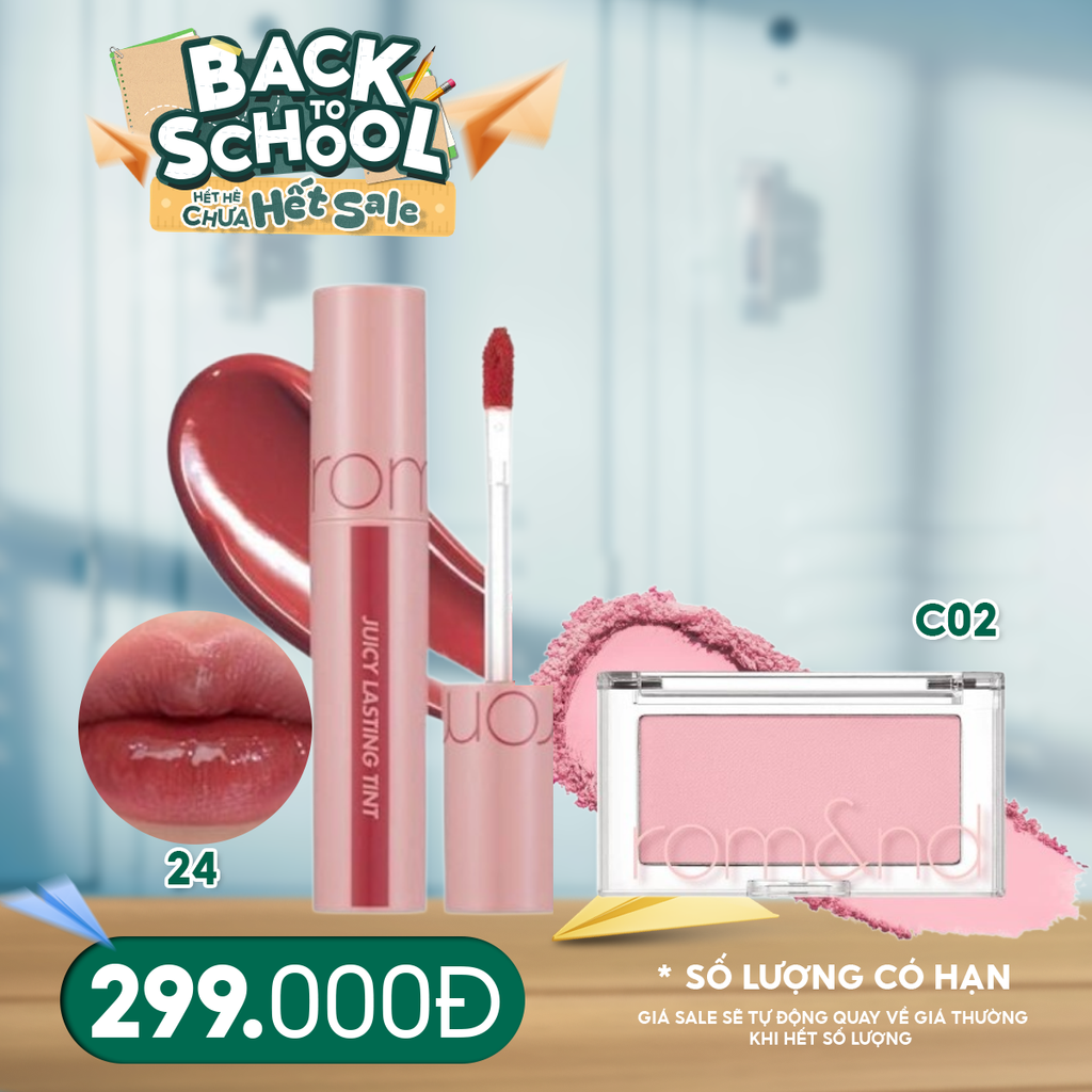 Combo 2 Sản Phẩm Romand: Son Tint Lì Căng Bóng Juicy Lasting Tint 5.5g #Màu 24+ Phấn Má Hồng Dạng Nén Better Than Cheek