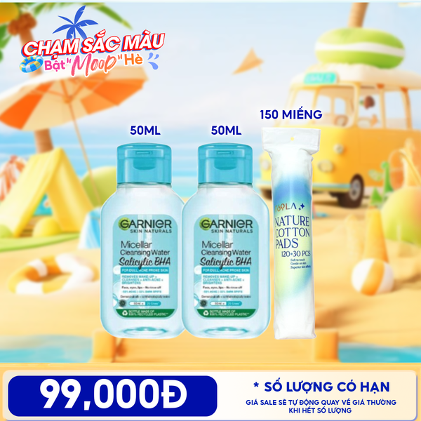  Combo Travel: Nước Tẩy Trang Garnier Làm Sạch Sâu Micellar Cleansing Water 50ml + Bông Tẩy Trang Mềm Mịn TOOLA 