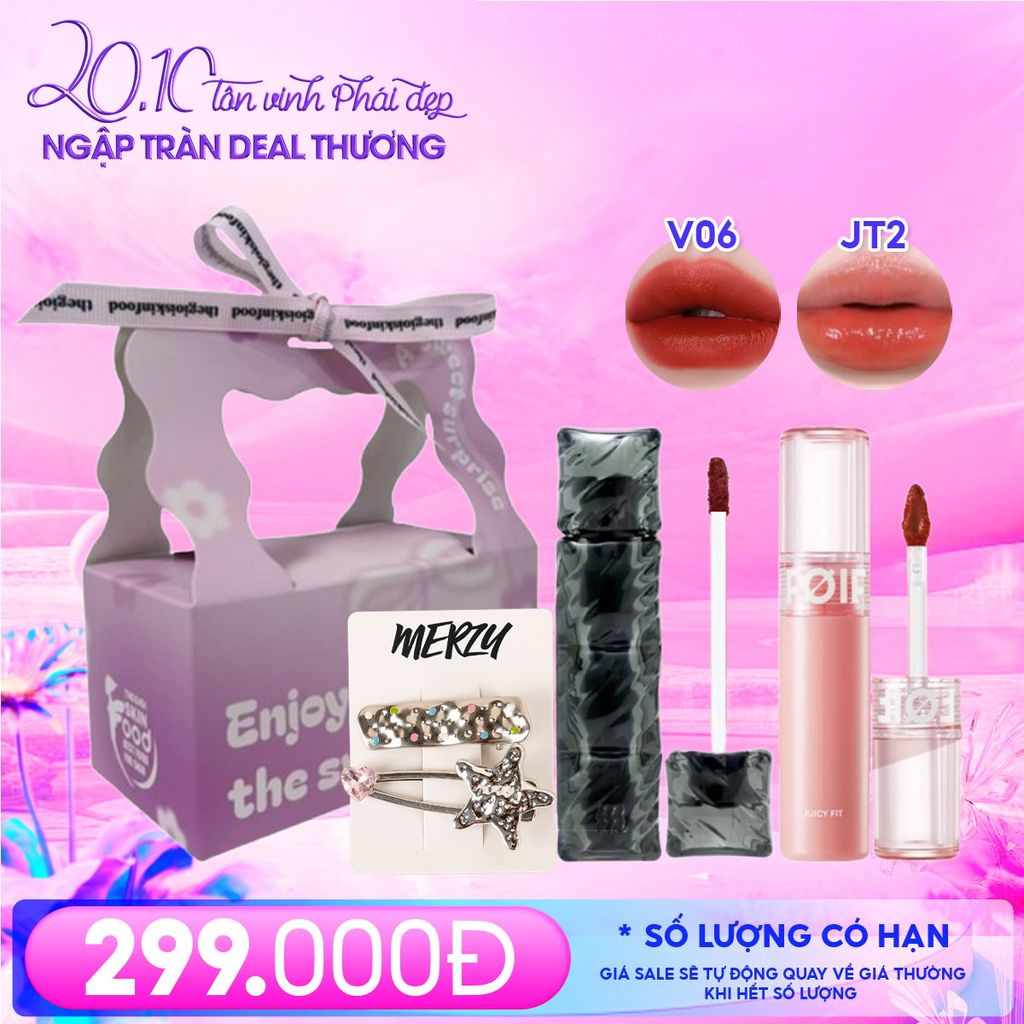 Combo Quà Tặng 20/11: Kẹp tóc Merzy + Son Kem Lì Merzy 3.7g #V6 + Son Tint Bóng FOIF 3g #JT2 + Túi Hộp Nhỏ #Hồng