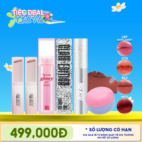  [PACK TIẾT KIỆM 15%] 2 Son Dưỡng Ẩm Có Màu Merzy LB7 Off Grape (date 03/2027) + Son Bóng Pha Lê Merzy + Son Kem Bùn Kiêm Má Hồng Merzy + Son Kem Lì Merzy The Glam M13 Vapor Red 