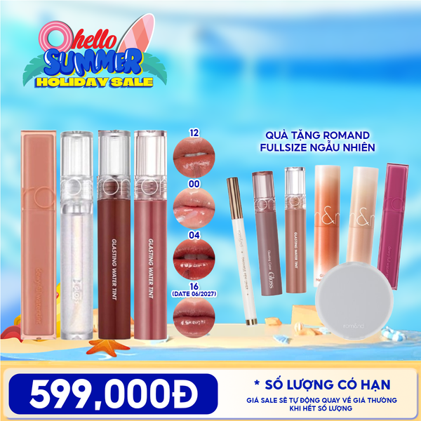  [PACK TIẾT KIỆM] Son Tint Bóng Romand Dewyful Water Tint 5g + Son Tint Bóng Romand Glasting Water Gloss 4.3g + Son Tint Nước Romand Glasting Water Tint 4g + Quà Tặng Fullsize Romand Ngẫu Nhiên 