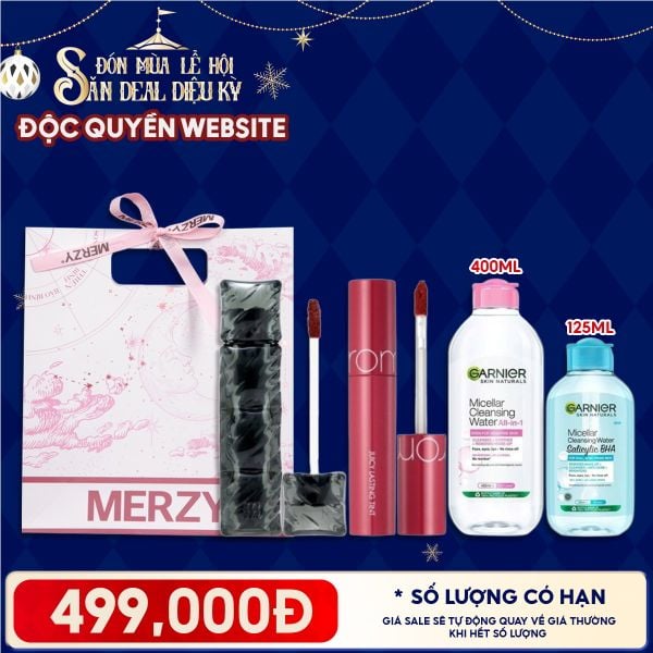 Túi Quà Giáng Sinh 499K: 1 Son Merzy + 1 Son Romand + 1 Nước Tẩy Trang 400ml + 1 Nước Tẩy Trang Minisize + Túi 
