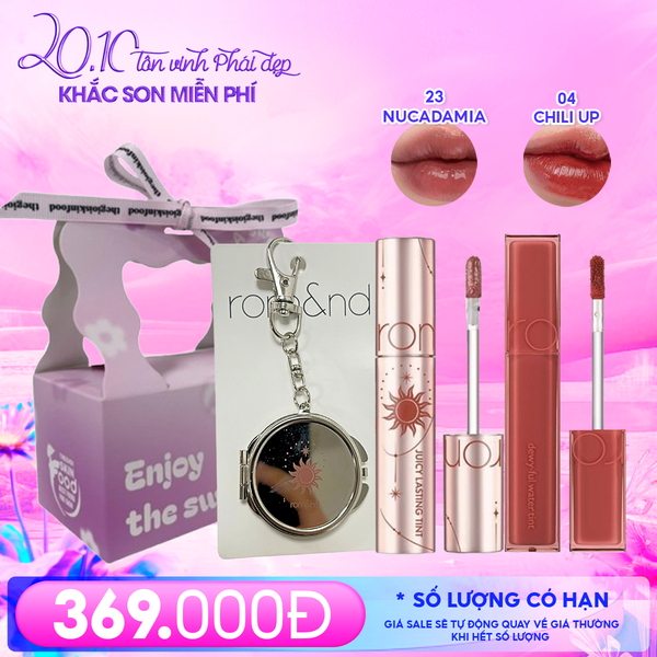  Combo Romand: Son Tint Lì Juicy Solunar Edition + Gương Móc Khóa Romand Solunar + Son Kem Lì Blur Fudge Tint 04 Chili Up + Túi Quà 