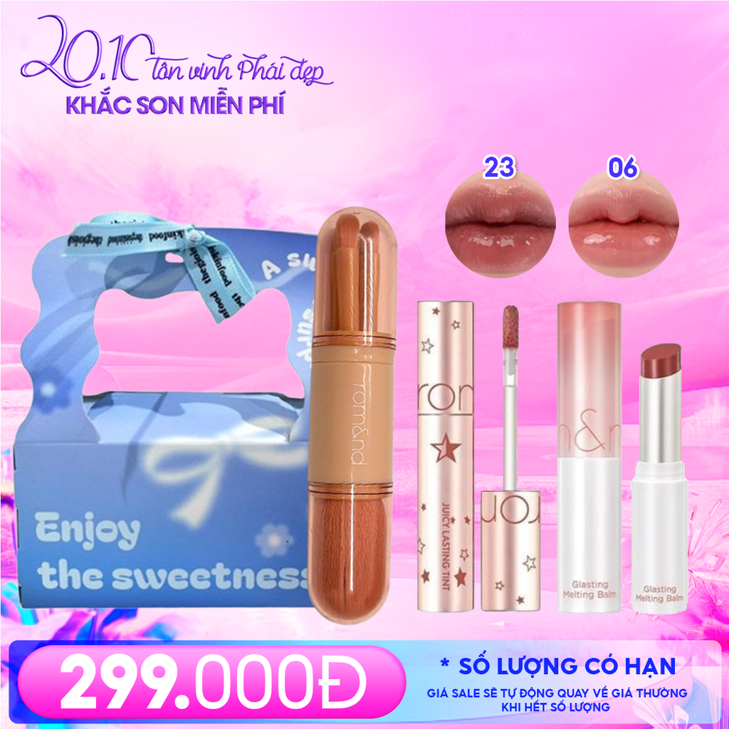 Combo Quà Tặng 20/10: Túi Quà + Son Tint Lì Romand Starry Edition 23 + Son Dưỡng Có Màu Romand #06 Kaya Fig + Bộ Cọ Make Up