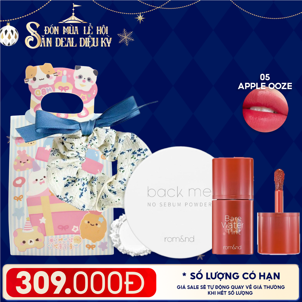Combo Quà Tặng: Phấn Phủ Dạng Bột Romand Back Me No Sebum + Son Tint Romand Bare Water Tint + Cột Tóc + Túi Quà