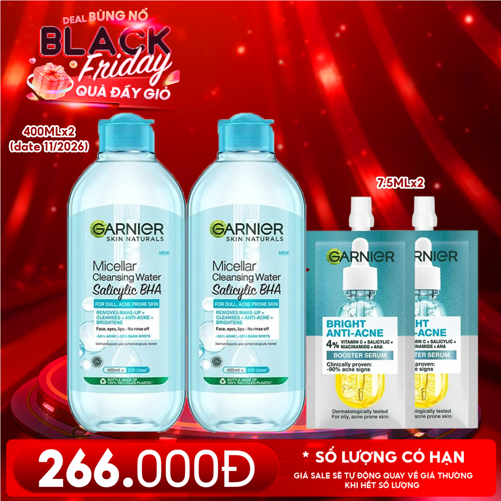Combo Garnier 4 Sản Phẩm: Nước Tẩy Trang Nắp Xanh Da Dầu Mụn 400ml (date 11/2026)(2 Chai) + Tinh Chất Giảm Mụn, Dưỡng Sáng, Mờ Thâm 7.5ml (2 Tuýp)