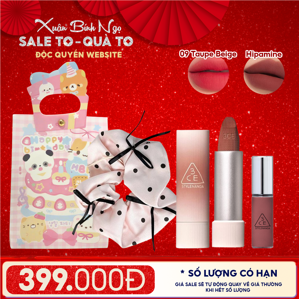 Combo Quà Tặng: Túi Quà + Son Thỏi Mịn Lì, Mềm Môi 3CE 09 Taupe Beige + Cột Tóc + Son Kem Lì Mini 3CE Hipamine