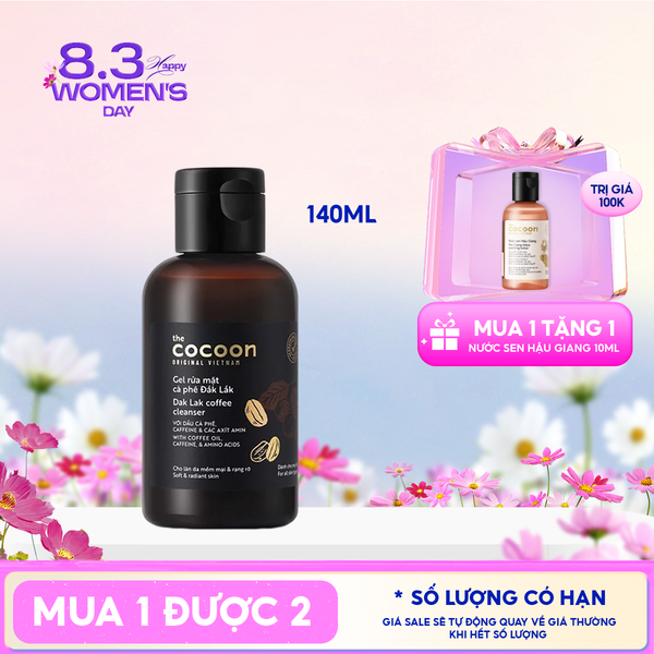  Gel Rửa Mặt Cocoon Làm Sạch Dịu Nhẹ Chiết Xuất Cà Phê Đắk Lắk Giúp Da Tươi Sáng, Đều Màu Dak Lak Coffee Cleanser 140ml 